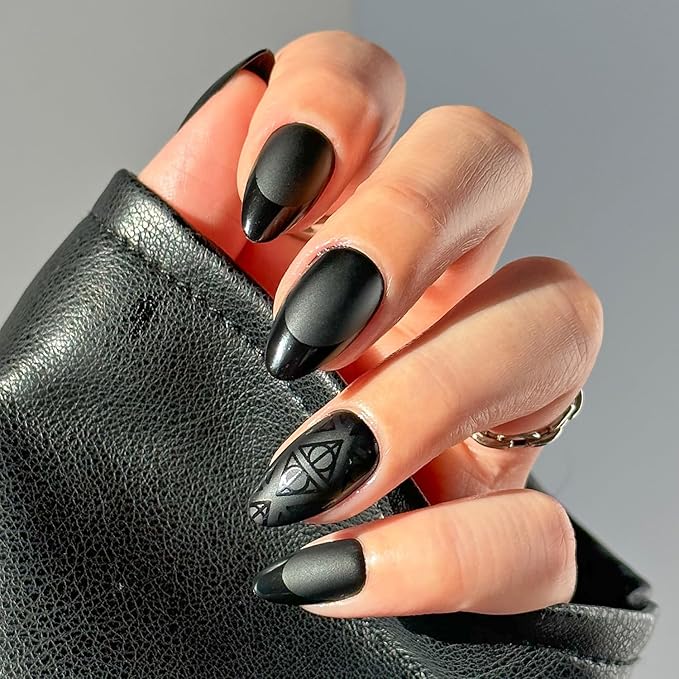 Harry Potter™ x Glamnetic Press On Nails - Deathly Hallows™ | Black Harry Potter™ Graphic Short Almond Nails in a Matte & Glossy Finish | 15 Sizes - 30 Nail Kit with Glue