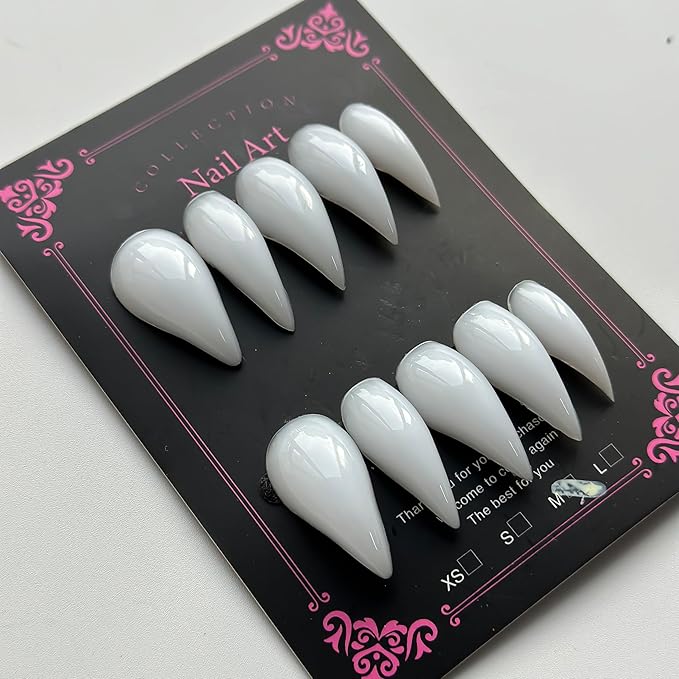 Luxury Press on Nails Medium Stiletto Handmade Eagle Claw Unique Reusable ABS Material White Fake Nails Cat Claw False Nails with Solid Colour Designs Glossy Glue on Nail Curved Thick Acrylic Nail(M)