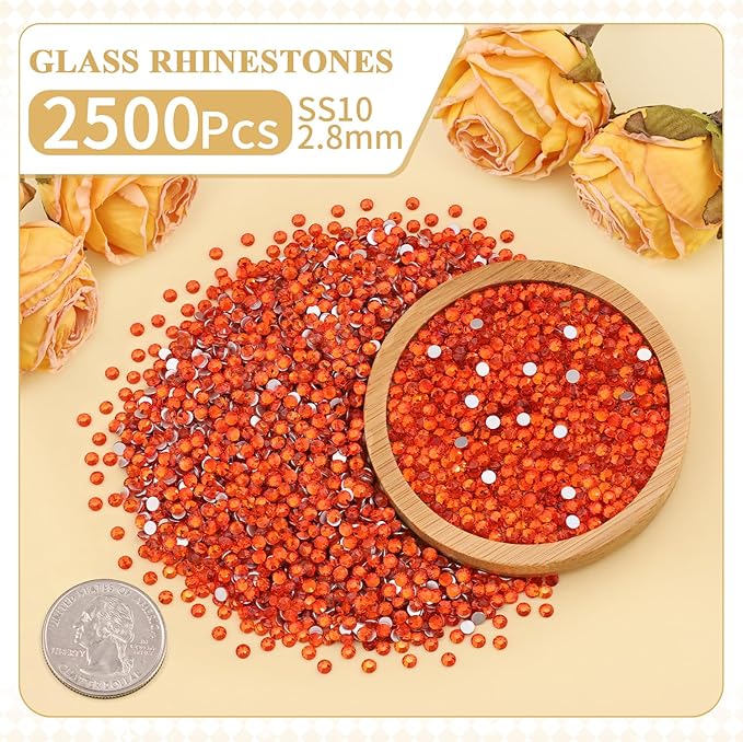 2500PCS SS10/2.8mm Crystal Rhinestones (Orange/Hyacinth) with 2Pcs 10ml B7000 Jewelry Glue, Bedazzling Flatback Glass Rhinestones for Crafting, Gems Diomand Charms for Tumbler Shoes Clothing Nail Art