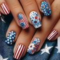 Press on Nails Independence Day Medium Square Fake Nails Blue Flower False Nails for Women Polka Dot Stick on Nails Summer Independence Day Fake Nails Stripe Glue on Nails 24Pcs