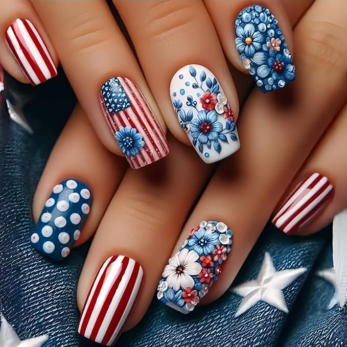 Press on Nails Independence Day Medium Square Fake Nails Blue Flower False Nails for Women Polka Dot Stick on Nails Summer Independence Day Fake Nails Stripe Glue on Nails 24Pcs