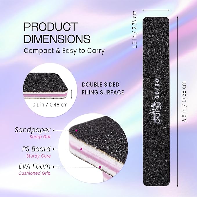10PCS Jumbo Size PANA Professional Double Sided Nail Files - Black, 80/80 Grit - Emery Board Nail Buffering File Manicure Pedicure Nail Polisher Washable