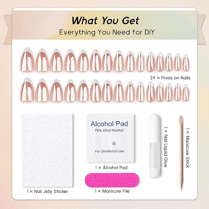 Pearlescent Press on Nails Medium, Glazed Nude with White French Fake Nails Almond Chrome Acrylic Press Ons for Women, Natural Fit Full Cover Glue on Nails in 15 Sizes - 30 Pieces Nail Kit