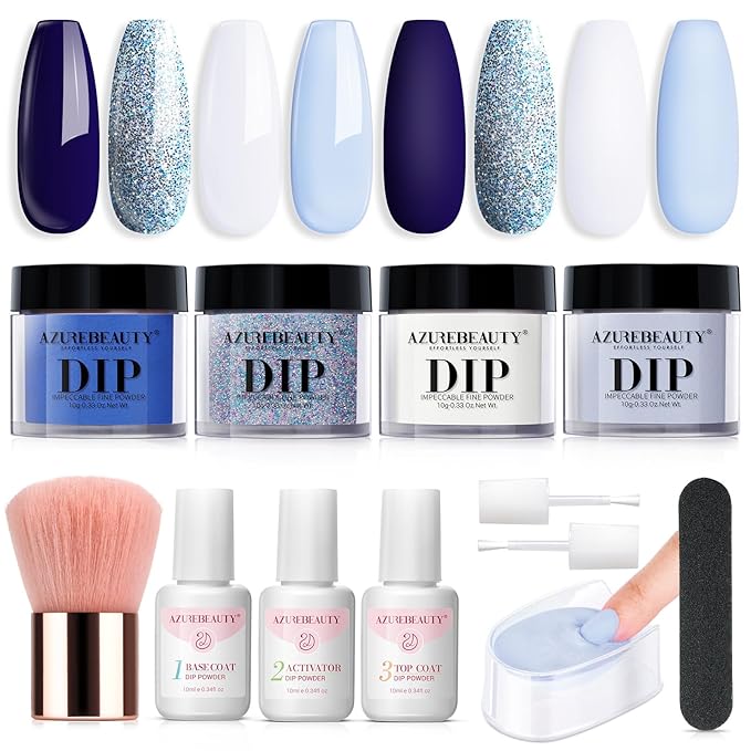 AZUREBEAUTY Dip Powder Nail Kit Winter White Navy Blue Glitter 4 Colors Acrylic Dipping Powder Liquid Set with Base/Top Coat Activator for French Nail Art Manicure DIY Gift for Women