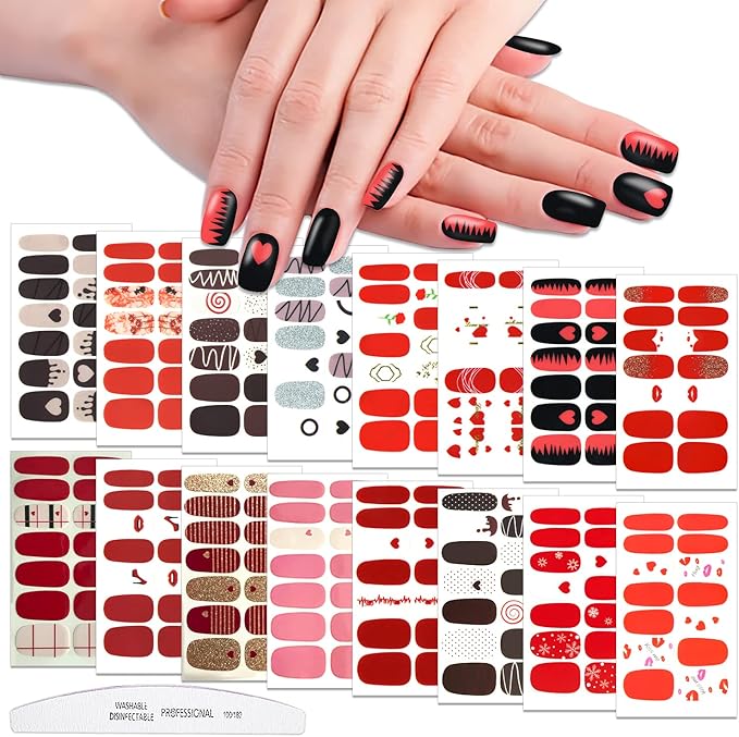 WOKOTO 16 Sheets Nail Polish Strips with Nail File Valentines Day Nail Stickers Full Nail Wraps for Acrylich Nails Heart Shapes Gel Nail Strips Stickers for Nails Self-Adhesive Nail Polish Stickers