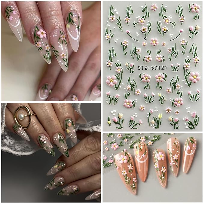 Flower Nail Art Stickers 5D Embossed Tulip Nail Decals Spring Summer Colorful Flower Nails Design Self-Adhesive 3D Accessories for Women Nails DIY Decoration(5 Sheets)