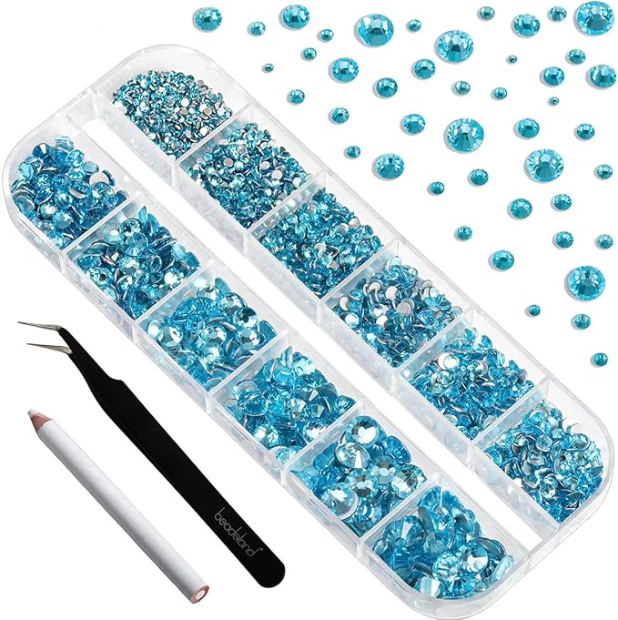 Beadsland Rhinestones for Makeup,8 Sizes 2500pcs Blue Flatback Rhinestones Face Gems for Nails Crafts with Tweezers and Wax Pencil,Aquamarine,SS4-SS30