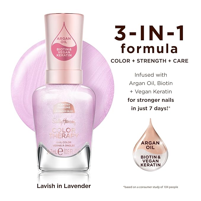 Sally Hansen Color Therapy Scented Nail Polish | Biotin, Argan Oil, Long Lasting, Healthy Nails, Nail Strengthener, Opaque | 387 Lavish in Lavender, Lavender Bliss | Light Purple Nail Color