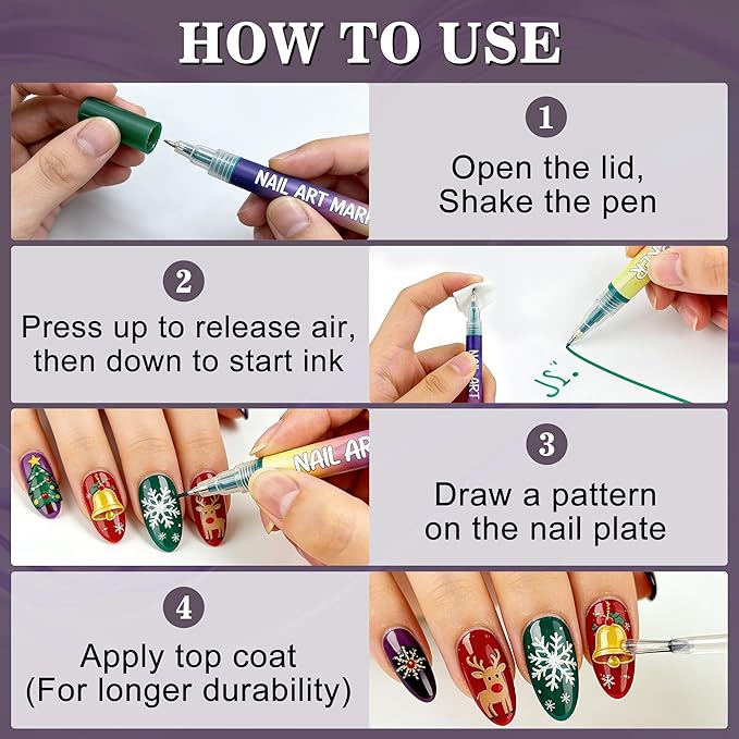 12 Colors Nail Art Pens Set, Nail Art Markers Polish Pens for 3D Nails, Dotting Drawing Painting Liner Brush for DIY Manicure, Home and Salon Nail Art Tools for Women and Men
