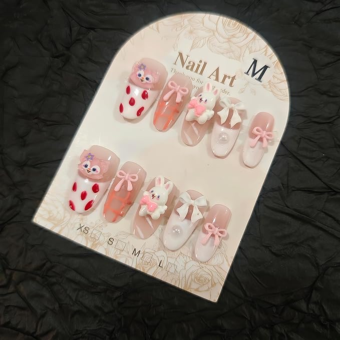 10Pcs(1Pack) Handmade Press On Nails 3D Flower Nails Cute Catoon Fawn Nails for Women Party Holiday Daily Wear Size S