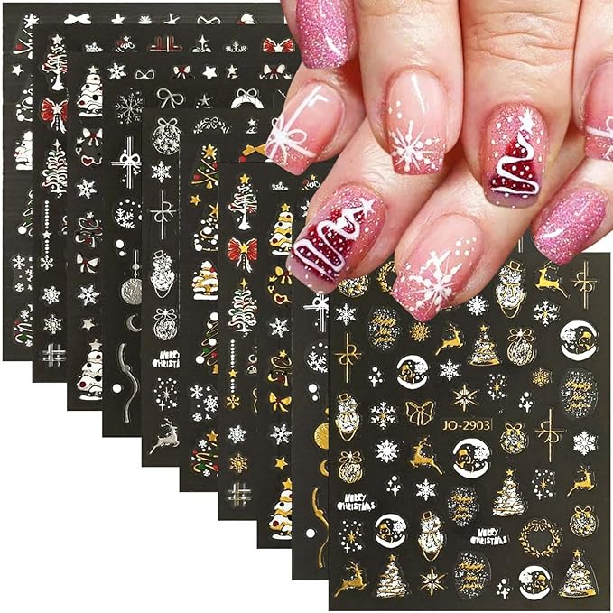 10Sheets Christmas Nail Stickers Embossed Gold Silver Christmas Tree Nail Decals Snowball Bow Elk Nail Supplies