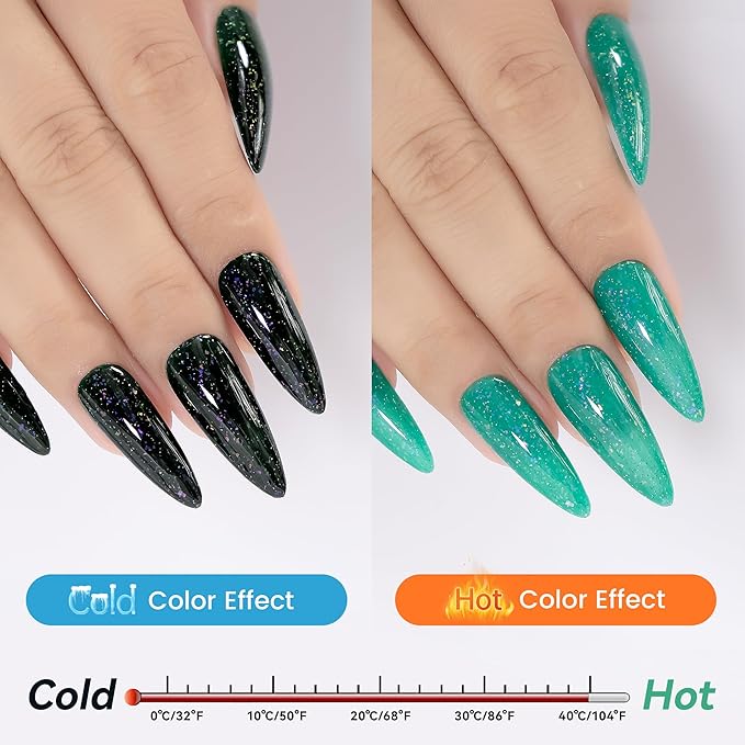YTD Likomey Color Changing Gel Nail Polish Set,Fall Winter 8 Colors Shimmer Brocade Glitter Mood Temperature Change Colors Kit,Black Green Red Blue Purple UV Thermal Manicure Color Gel,7.5ml
