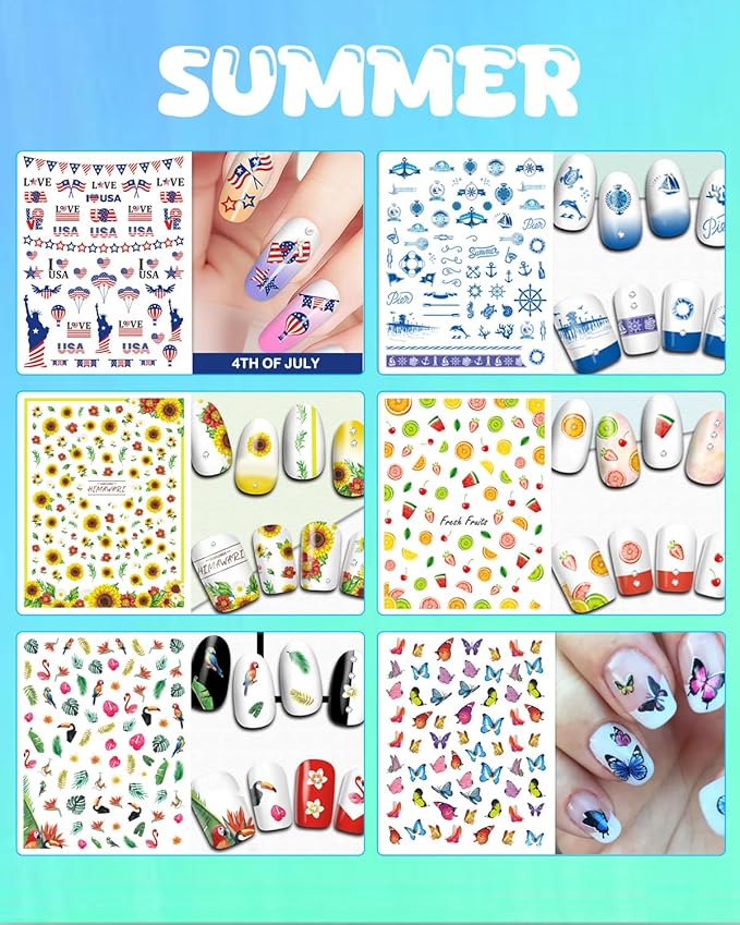 24 Sheets Seasonal Nail Art Stickers, Four Season Variety Pack All Holiday Nail Decals, Self-Adhesive Varied Design for Flowers Butterflies Halloween Christmas Spring Summer Fall Decoration