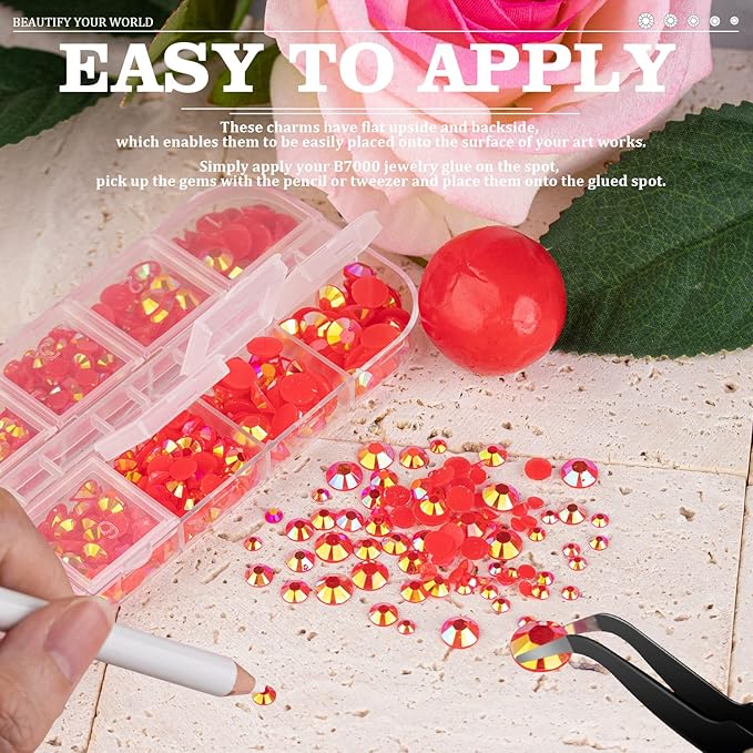 5000PCS Resin Rhinestones with Tweezers for Crafting, 2/3/4/5/6mm Flatback Jelly Rhinestones, 3 Box Red AB Non Hotfix Crystal Gems for DIY Crafts Mugs Tumblers Clothes Makeup Nail