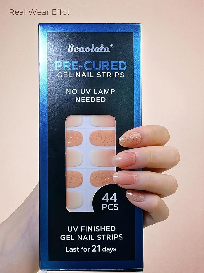 Pre Cured Gel Nail Strips - 44PCS Salon Quality Gel Nail Stickers - Long Lasting Polish Wraps for Women no UV Light Needed Easy Apply & Remove (Crush Gold）