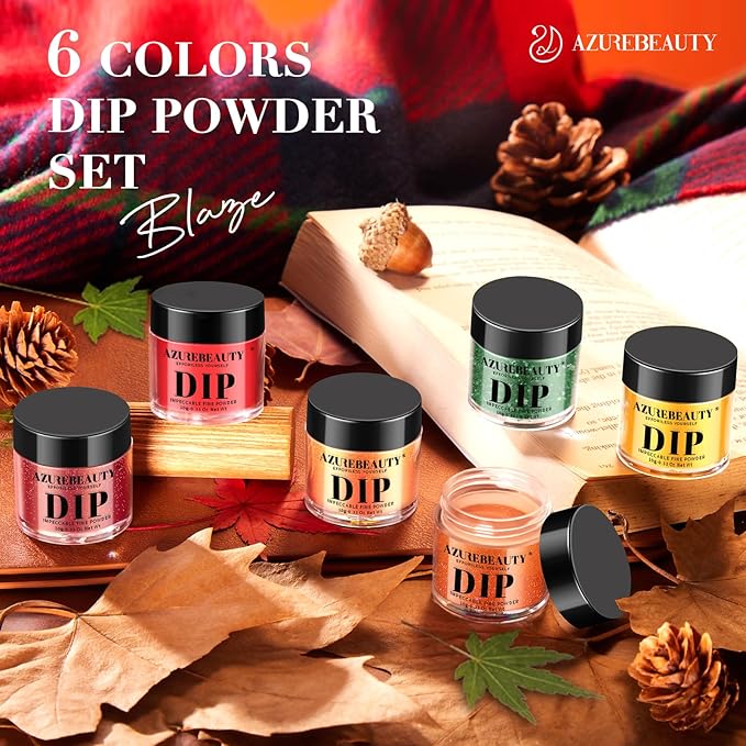 AZUREBEAUTY Fall Dip Powder Nail Set Yellow Orange Gold Red Shimmery Green Glitter 6 Colors Dipping Powder Starter Kit French Nail Art Manicure DIY Salon, No Need Nail Lamp Cured