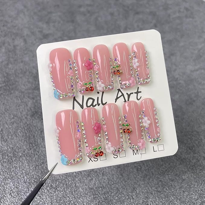 10Pcs (Size M) Long Square Handmade Press On Nails - Pink Glossy Acrylic Fake Nails with 3D Cherry Rhinestones for Women’s Manicure