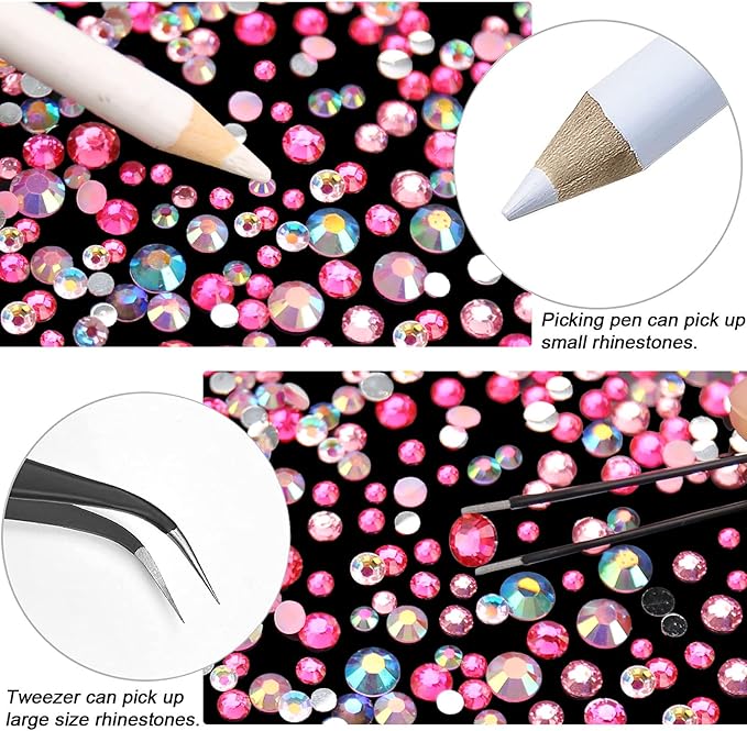 15000PCs 2-6MM Pink Series Resin Flat Back Rhinestones, Round Non Hotfix Jelly & Silver Bottom Resin Rhinestones Nail Gems Stones with Tweezer & Picker Pen for Nail Art Tumblers & DIY Crafts