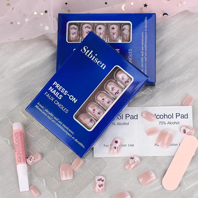French Press On Nails Short Square White Nude Gradient False Nails Delicately Adorned with White Silver Flowers Reusable Glue On Nails for Women Kit 24Pcs