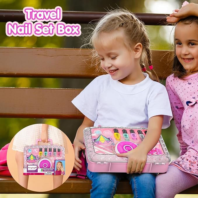 Amagoing Kids Nail Polish Set for Girls, All-in-One Nail Art Kit with Storage Box Ages 6-8, Non Toxic Peelable Nail Polish, Nail Dryer, Hair Clip, Girl Makeup Case Toys Birthday Gift for 5 6 7 8 9