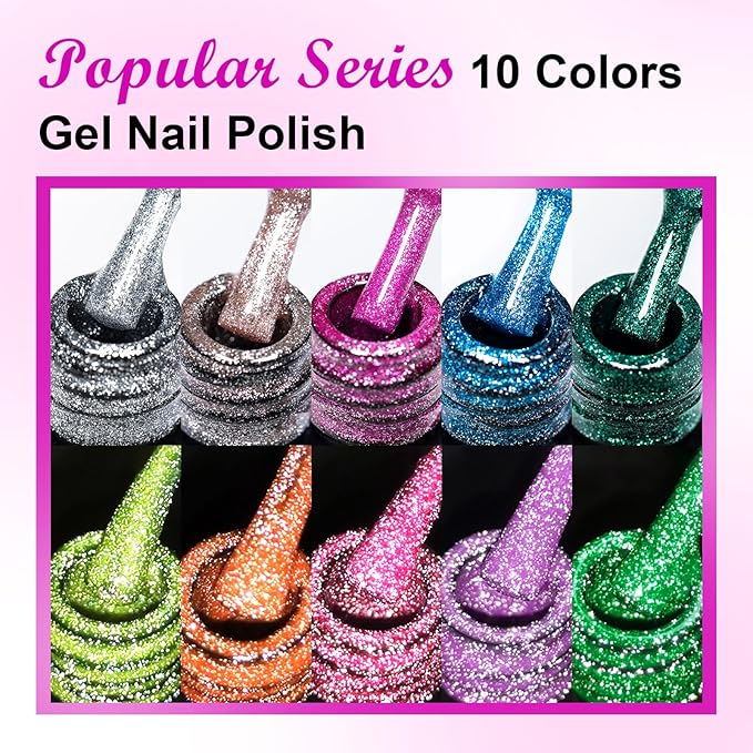 12Pcs Glitter Cat Eye Gel Nail Polish, Magnetic Cat Eye Gel Polish Set with Magnet + Reflective Glitter Gel Polish Set Christmas Manicure Kit 10 Colors