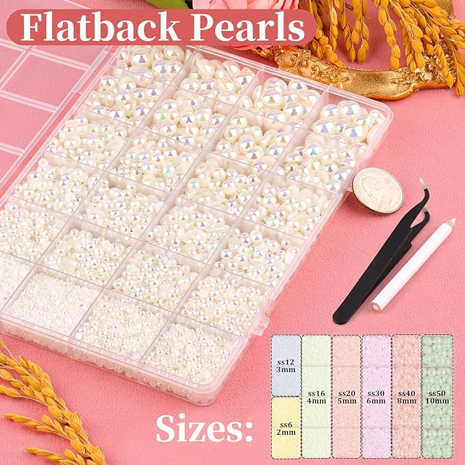 11000Pcs Flatback Pearls for Crafting (Beige AB), Assorted Size 2/3/4/5/6/8/10mm Half Pearl with 3Pcs 10ml B7000 Jewelry Glue, Bedazzling Bead for DIY Crafts Clothing Tumblers Shoes Nail Art