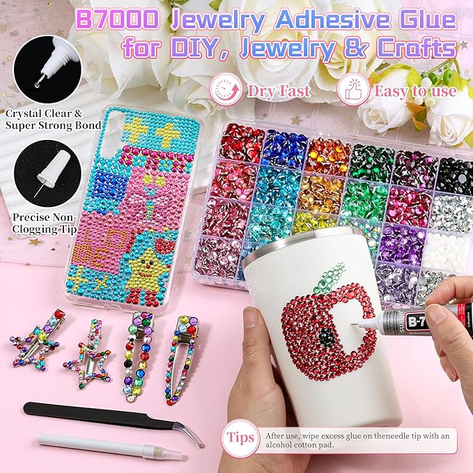 3600Pcs 6mm Resin Rhinestones for Bedazzling, Pink Red Black Flatback Gems for Crafting, Bedazzler Kit with Rhinestones Tools & B7000 Jewelry Glue for DIY Clothing Shoes Tumblers Fabric Mugs Bags