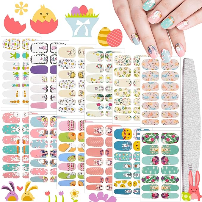 168 Pieces 12 Sheets Easter Nail Wraps Full Art Polish Stickers Spring Easter Self Adhesive Art Decals Strips Eggs Rabbits Chick Sticker with Nail File for Women Girls DIY Manicure