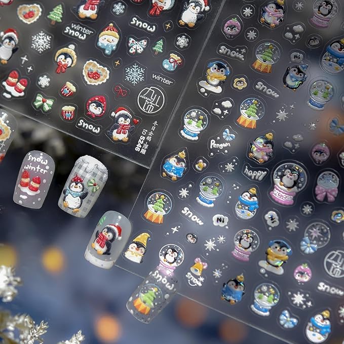 Cute Nail Stickers Penguin Nail Decals Snowflake Nail Art Stickers Winter with Design 5D Embossed Self Adhesive Christmas Nails Sticker for Women Girls Xmas Manicure DIY Decoration