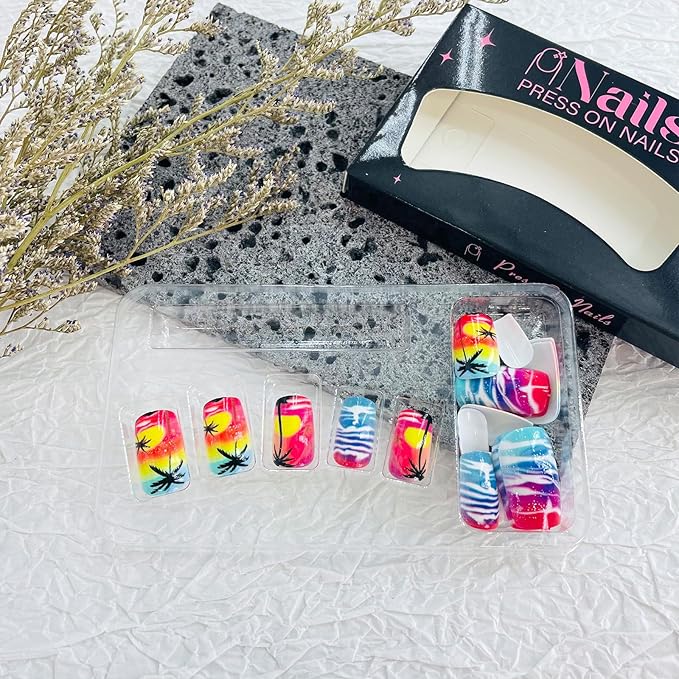 Square Press On Nails Medium Gel False Nails 24Pcs Multicolor Twilight Seaside Acrylic Nails Glossy Stick On Nails for Women Girls