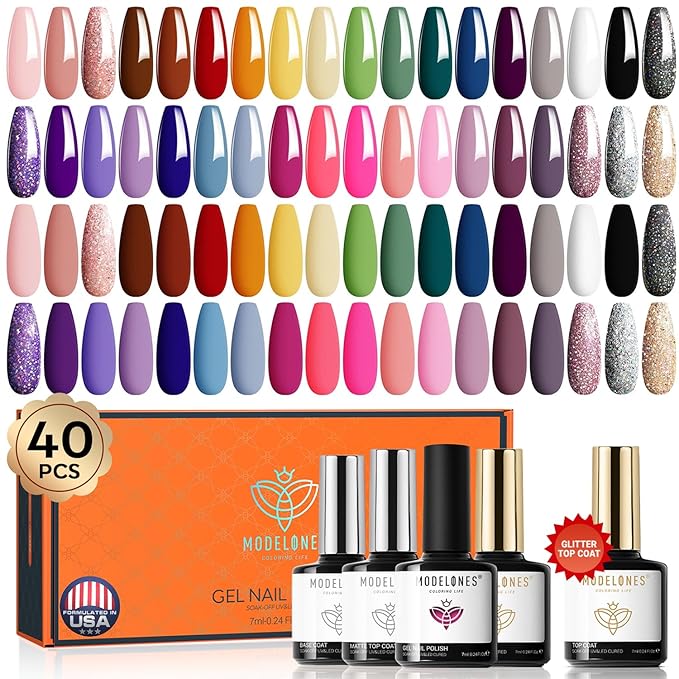 modelones 40 Pcs Gel Nail Polish Set, 36 Colors Easter Red Nude Brown Green Pink White Black Gel Nail Polish Kit Purple Blue Nail Art with Base Coat& Matte Glitter Glossy Top Coat DIY LED Gift