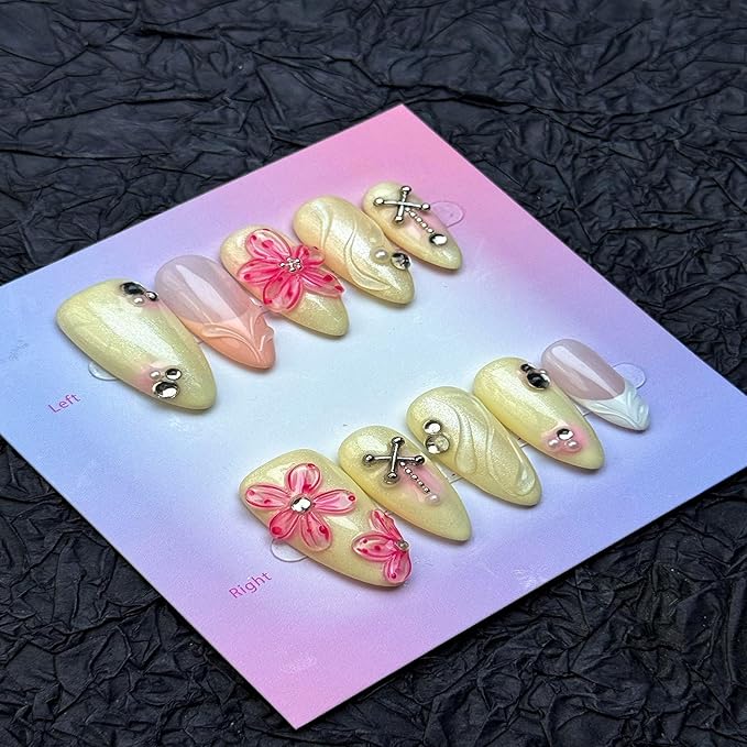 100% Handmade Press on Nails Medium Almond Handmade Nails with Rhinestone Pink Flower Charm Design Beige False Nails White French Tip Nail Press ons Spring Summer Fake Nails for Women Size L 10Pcs