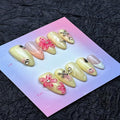 100% Handmade Press on Nails Medium Almond Handmade Nails with Rhinestone Pink Flower Charm Design Beige False Nails White French Tip Nail Press ons Spring Summer Fake Nails for Women Size M 10Pcs