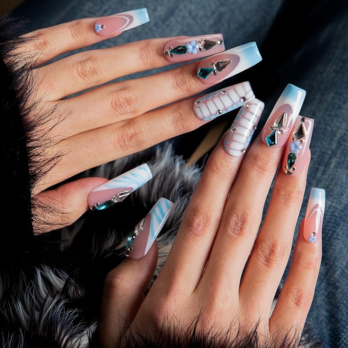 LOVFUL Short French Tip Press on Nails Glacier Jewel | Handmade Acrylic Press ons| Reusable Fake False Nails | Square Classic Regular 1.3in | H738-S