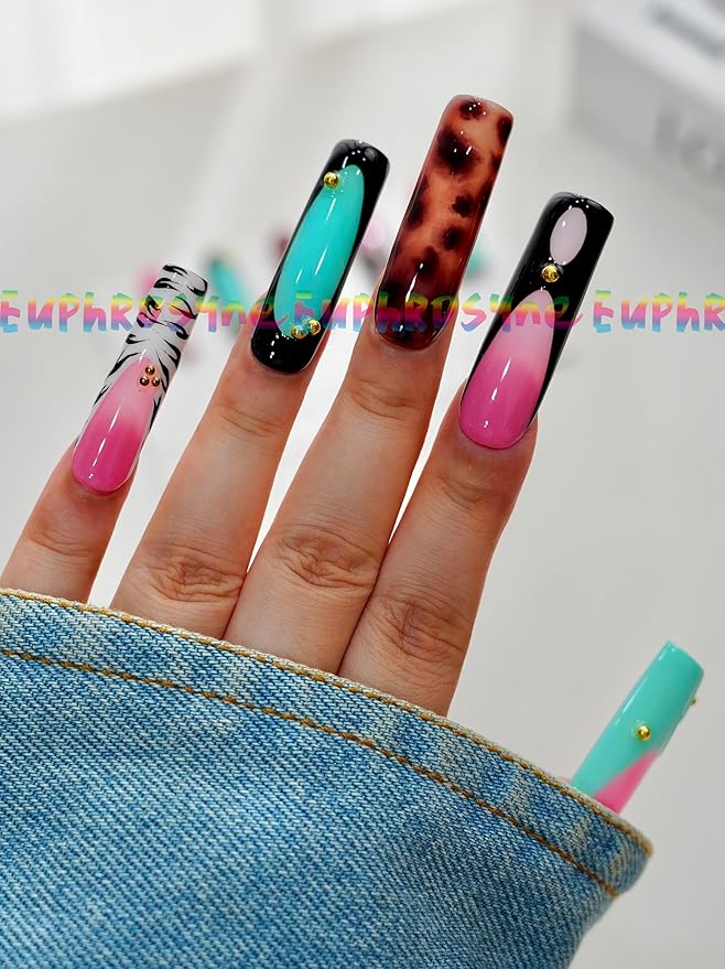 10PCS Multicolor Press On Nails – Long Coffin Fake Nails with Zebra Print, Leopard Pattern, Abstract Swirls & Stud Accents, Glossy Reusable Y2K Nails for Women and Girls – Euphrosyne