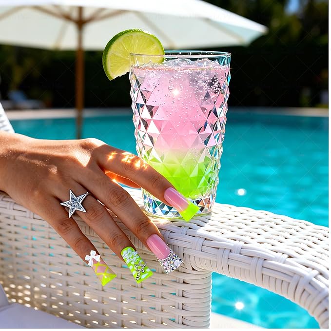 10 Pieces Luxury Acrylic Press On Nails Long Handmade Duck Nails, Green Thickened False French Nails, With 3D Bowknot And Stars, Reusable Fake Nails, Acrylic Nails (S)