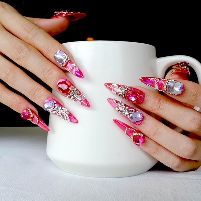 [GLORS] Luxury Press-On Nails, Pink Glitter False Nails with Rhinestones and Pearl Chain in Long Stiletto, 10 Pieces (L, LS)