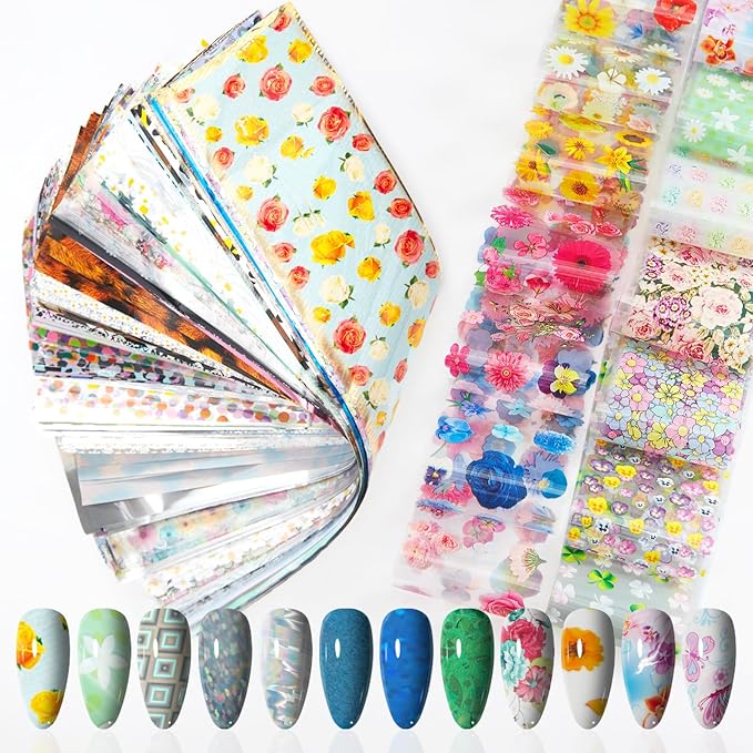 DANNEASY 300 Sheets Holographic Nail Foils Film, Iridescent Nail Art Transfer Foil Stickers Laser Flower Colorful Foil Paper Sheets Starry Sky Star Design Sticker for Nails Decoration Supplies