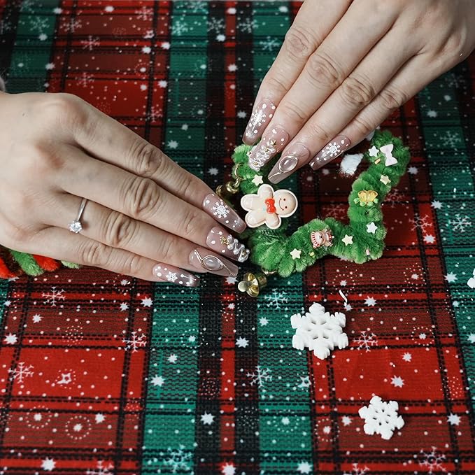 Glitter Press on Nails - Sheer Pink Nude Acrylic Handmade Coffin False Nails Winter Xmas Tree with Pearls Snowflake Star for Women Girls (Holiday Opulence-A,S)