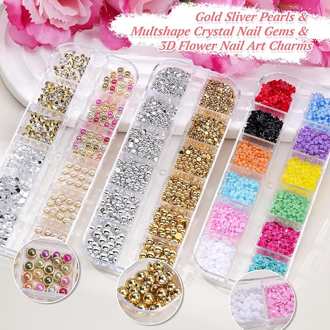 12 Boxes Nail Rhinestones Gems Kit,Gold/Silver Metal Studs,Mixed Sizes Flatback Crystals Rhinestones,Half Pearls,Sequins,Foil Flakes with Tweezers & Dotting Tools for DIY Manicure