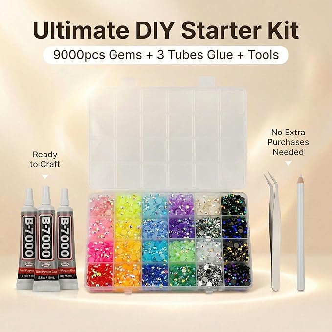 9000Pcs Rhinestones for Bedazzling, 5mm Bedazzler Kit with Flatback Rhinestones for Clothes Crafting Crafts Nails Clothing, Flat Back Resin Rainbow Colorful Colored Crystal with B 7000 Glue Clear