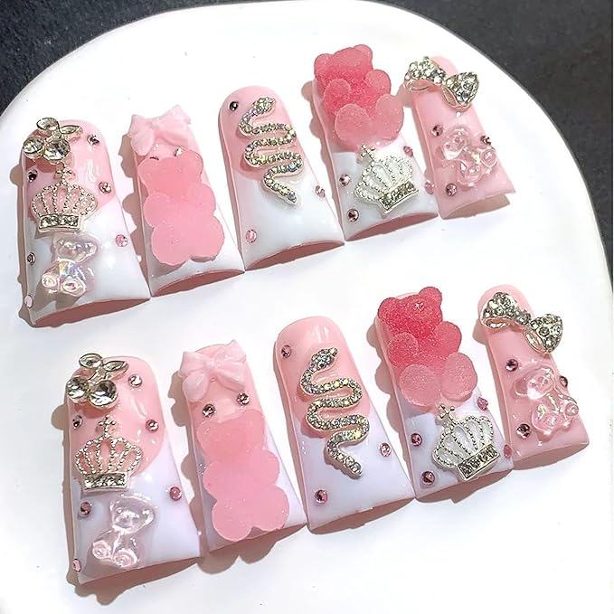 10Pcs Long Press on Nails Handmade Duck Fake Nails French Tip False Nails with Glue 3D Charms Design Acrylic Nails Luxury Rose Pink Stick on Nail for Women (Size M)