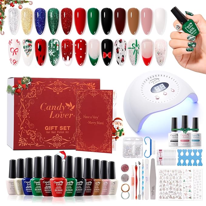 Candy Lover Christmas Gel Nail Polish Kit with U V light - 12 Xmas Colors Gel Polish with 72W Nail Lamp Base Top Coat Gel Nail Kit for Beginners with Everything Manicure Kit for Women Teen Girl Gifts