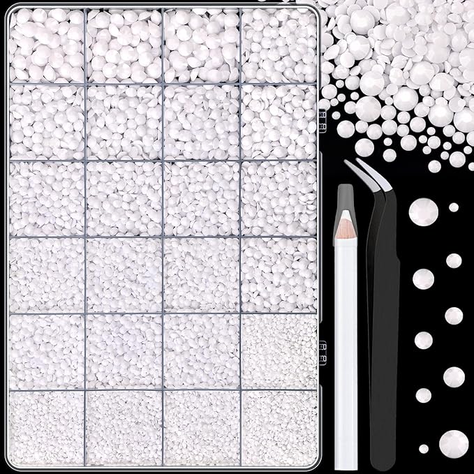 25000Pcs Resin Rhinestones with Tweezers for Crafting, White 2-6mm Mixed Sizes Non Hotfix Flatback Gems, Bedazzling Crystal for DIY Craft Clothing Mugs Tumblers Shoes Fabric Decor Nail Art