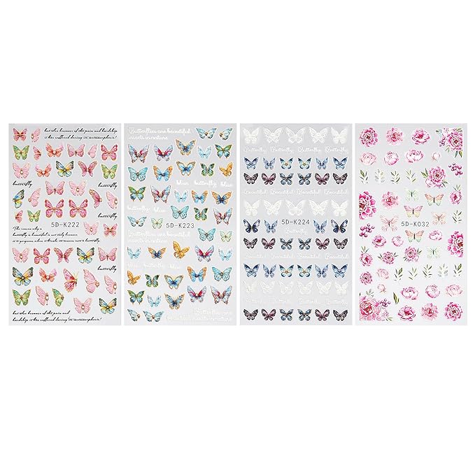 Colorful Butterfly Nail Art Stickers, Flower Nail Art Stickers 5D Embossed Decals for Women's Nail Design, Self-Adhesive Decoration