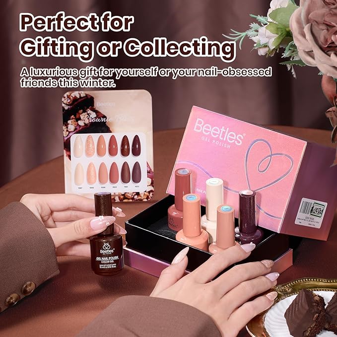 Beetles Brown Gel Polish Set, 6 Colors Light Dark Brown Color Gel Nail Polish Pearl Shimmering Soak off UV Led Lamp Needed Manicure DIY Salon Home Gifts for Women Brownie Bliss