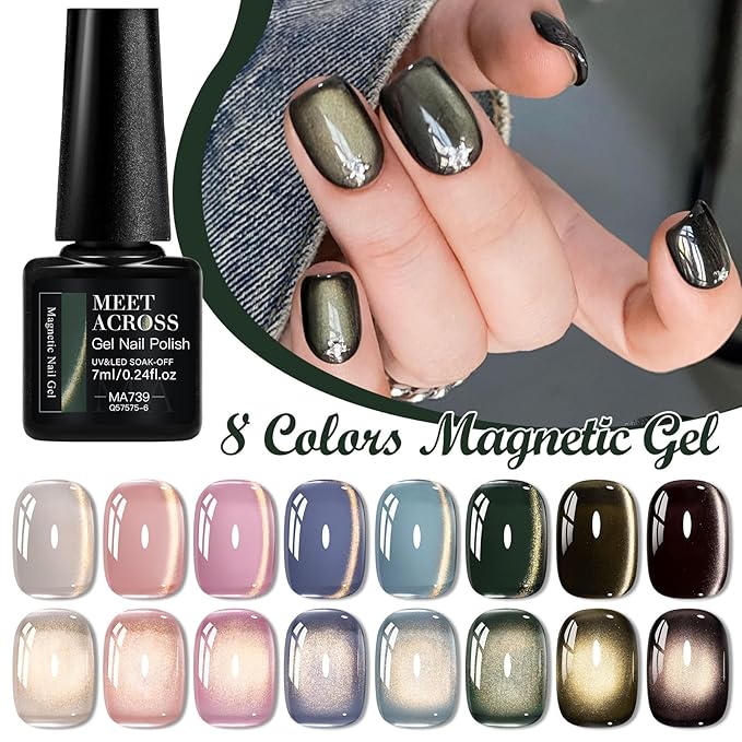 MEET ACROSS 8PCS/SET Light Golden Magnetic Gel Nail Polish Kit, Semi-Permanent Soak Off LED, Super Bright Cat Eye Series Nail Art Gift for Women