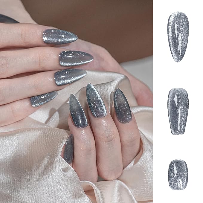 Sun&Beam Nails Handmade Press-on Medium Long Coffin Ballerina Grey Magnet Solid Color Minimalist Design Fashion False Nail Tips 10 Pcs Set (#248 M)