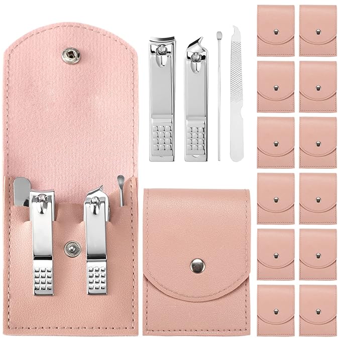 Geosar 12 Sets Manicure Set Bulk Nail Clippers Pedicure Kit Stainless Steel Professional Pedicure Grooming Kits Nail Care Tools with Travel Case for Men Women Hands Foot(Pink)