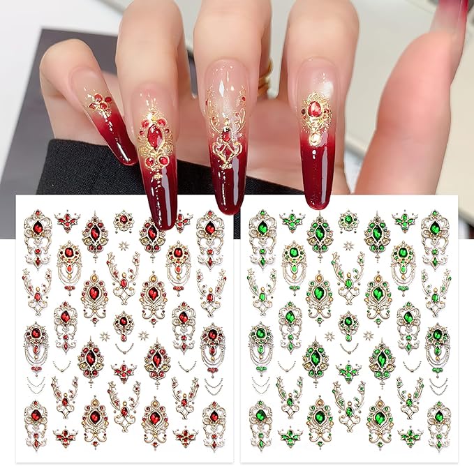 2 Sheets 5D Embossed Gemstone Nail Stickers Retro Gemstone Nails Art Decals for Women DIY Manicure Decorations